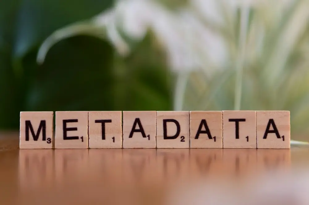 A wooden block that says metadata sitting on a table, illustrating evaluating public dataset metadata